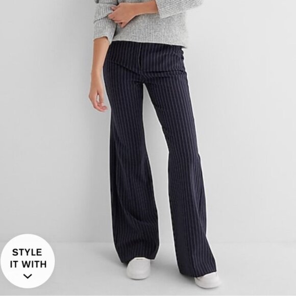 NWOT Express Navy Pinstripe Editor High Waisted Flare Trousers Pants 14L - Picture 7 of 8